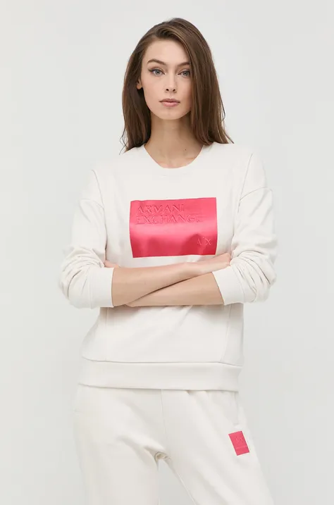 Armani Exchange bluza femei, culoarea bej, cu imprimeu
