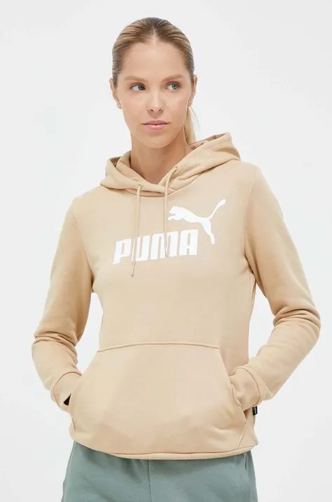 Dukserica Puma za žene, boja: bež, s kapuljačom, s tiskom