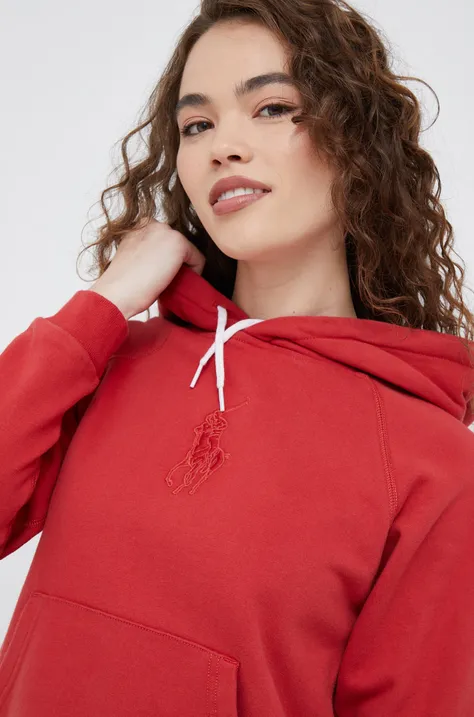 Pamučna dukserica Polo Ralph Lauren za žene, boja: crvena, s kapuljačom, s aplikacijom
