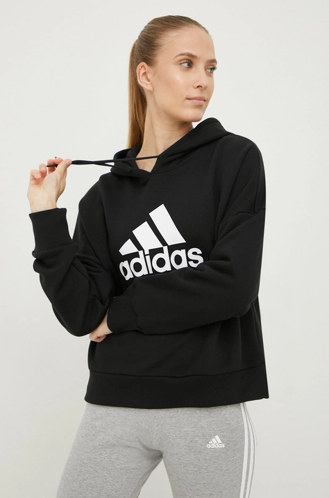 adidas Performance bluza bawełniana damska kolor czarny z kapturem z nadrukiem