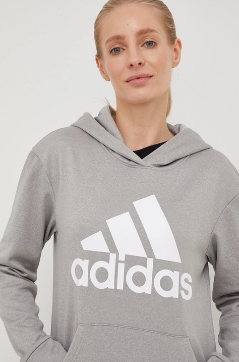 Pulover za vadbo adidas Performance Big Logo ženski, siva barva s kapuco