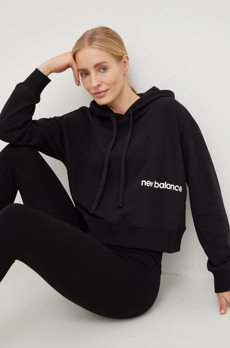 New Balance bluza femei, culoarea negru, cu glugă, cu imprimeu