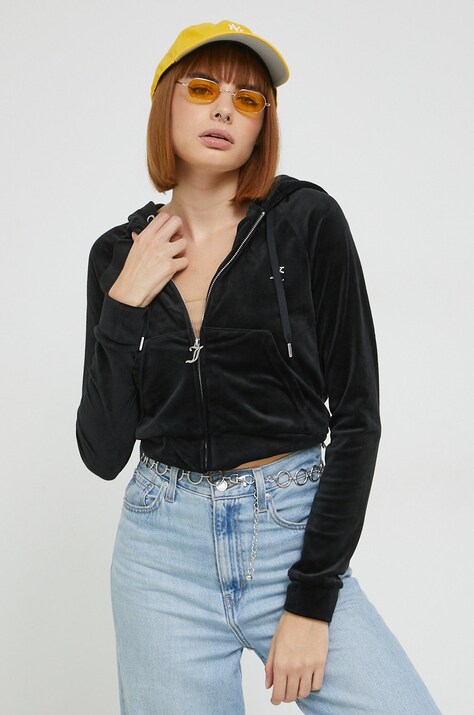 Juicy Couture bluza femei, culoarea negru, cu glugă, cu imprimeu