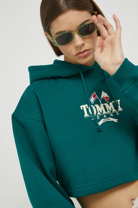 Tommy Jeans bluza femei, culoarea verde, cu glugă, cu imprimeu