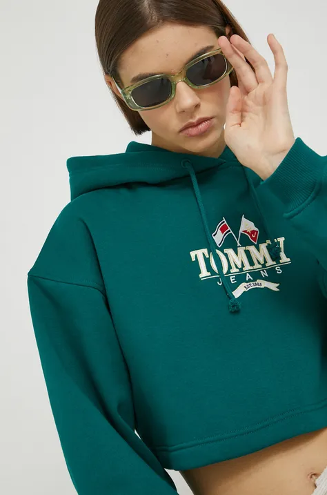 dukserica Tommy Jeans za žene, boja: zelena, s kapuljačom, s aplikacijom