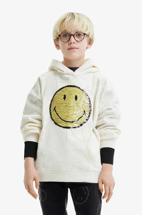 Детская хлопковая кофта Desigual цвет белый с капюшоном с аппликацией