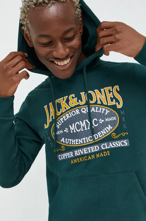 Jack & Jones bluza męska kolor zielony z kapturem z nadrukiem