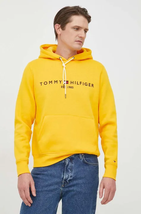 Tommy Hilfiger bluza barbati, culoarea galben, cu glugă, cu imprimeu