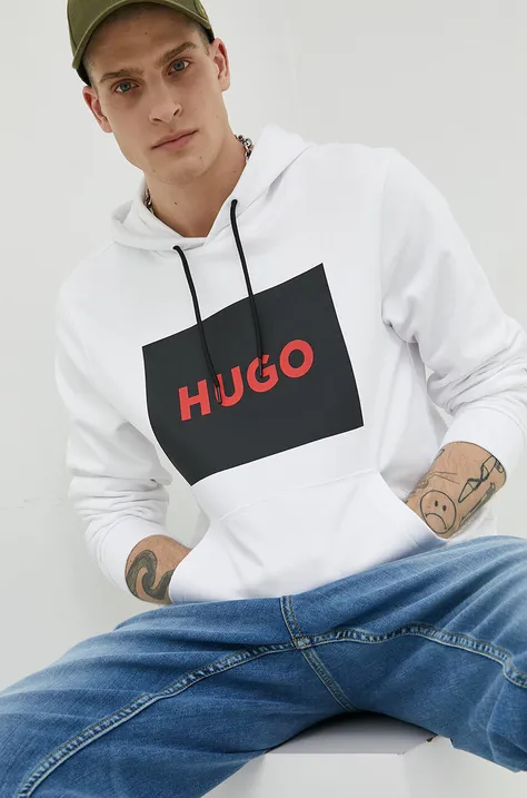 Бавовняна кофта HUGO чоловіча колір білий з капюшоном з принтом