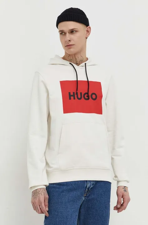 Хлопковая кофта HUGO мужская цвет бежевый с капюшоном с принтом