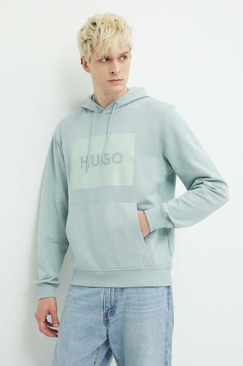 Bavlněná mikina HUGO pánská, tyrkysová barva, s kapucí, s potiskem