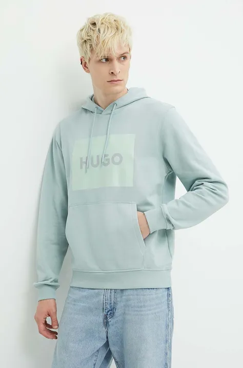 Хлопковая кофта HUGO мужская цвет бирюзовый с капюшоном с принтом