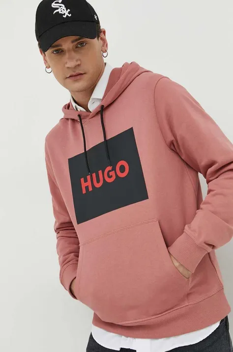 Pamučna dukserica HUGO za muškarce, boja: ružičasta, s kapuljačom, s tiskom