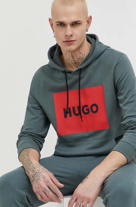 HUGO felpa in cotone uomo colore verde con cappuccio