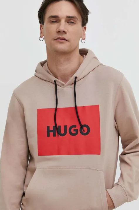 Βαμβακερή μπλούζα HUGO χρώμα: μπεζ, με κουκούλα