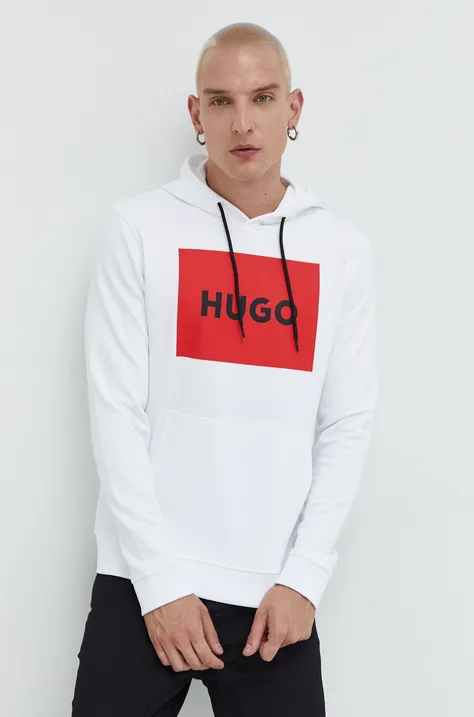 Βαμβακερή μπλούζα HUGO χρώμα: άσπρο, με κουκούλα