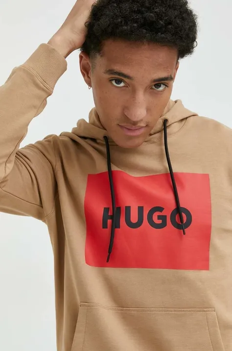 HUGO bluza bawełniana męska kolor beżowy z kapturem