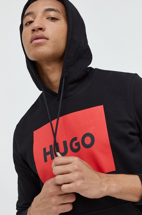 HUGO hanorac de bumbac bărbați, culoarea negru, cu glugă, imprimeu 50473168