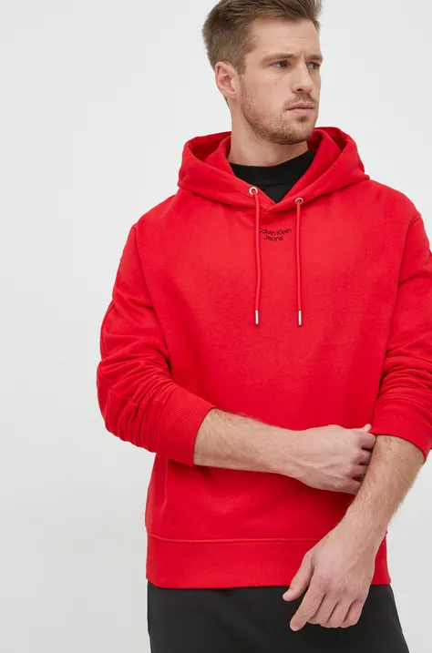 Bombažna pulover s kapuco Calvin Klein Jeans moška, rdeča barva