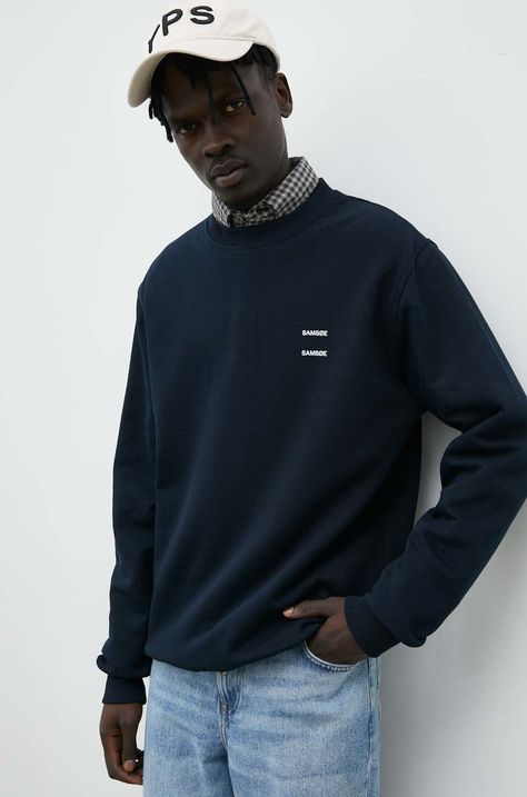 Samsoe Samsoe bluza bawełniana JOEL męska kolor granatowy gładka M22300127