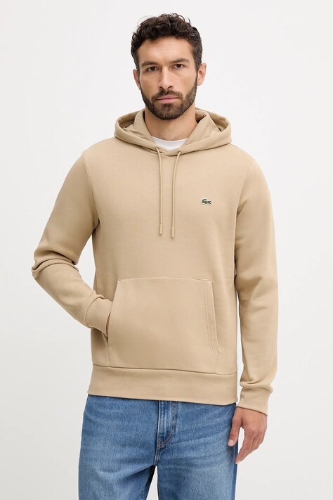 Lacoste bluza kolor beżowy z kapturem gładka SH9623