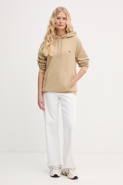 Lacoste bluza kolor beżowy z kapturem gładka SH9623
