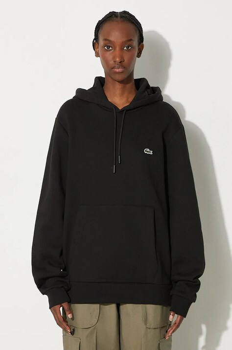 Lacoste sweatshirt black color hooded smooth
