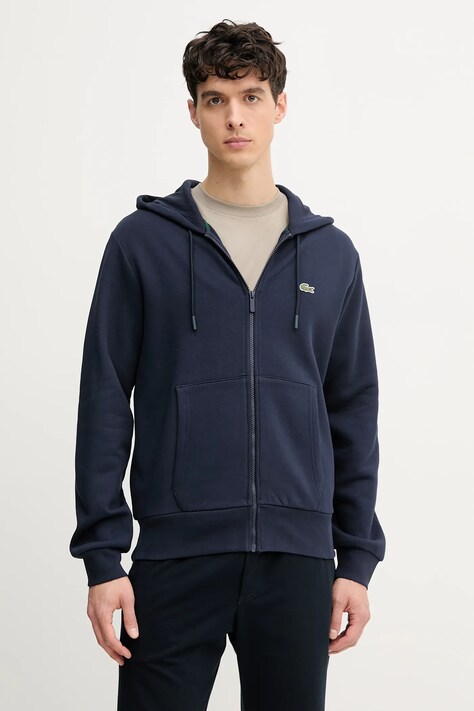Lacoste bluza barbati, culoarea albastru marin, cu glugă, neted