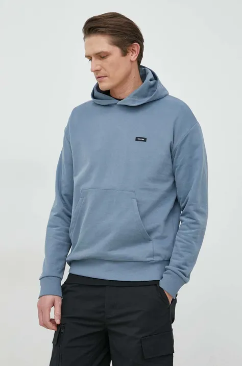 Памучен суичър Calvin Klein в синьо с качулка с изчистен дизайн