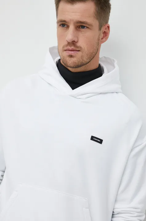 Bavlnená mikina Calvin Klein pánska, biela farba, s kapucňou, jednofarebná