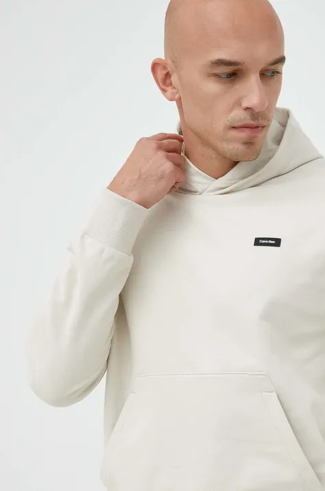 Хлопковая кофта Calvin Klein мужская цвет бежевый с капюшоном однотонная