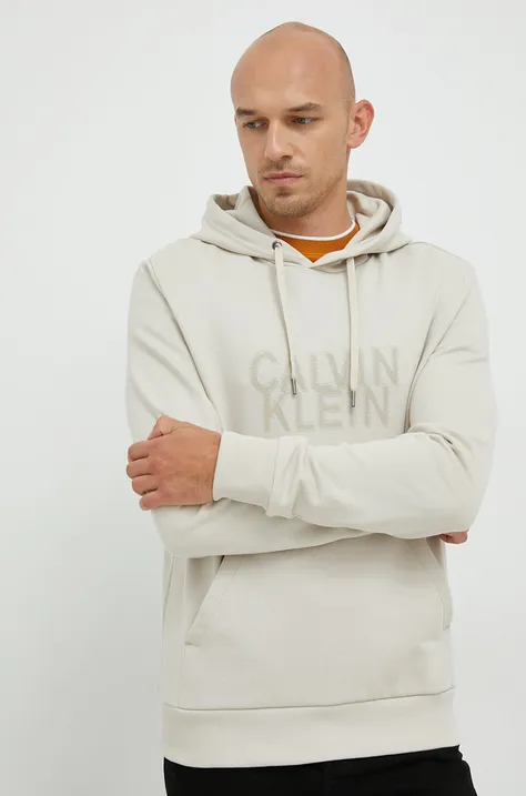 Calvin Klein bluza męska kolor beżowy z kapturem gładka