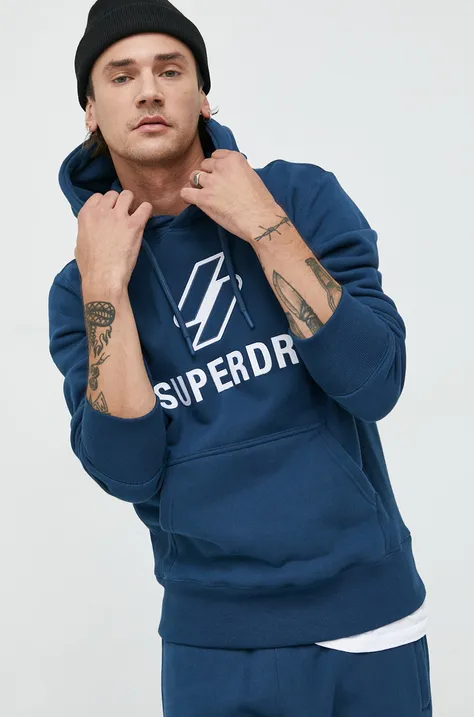 Хлопковая кофта Superdry мужская цвет синий с капюшоном с аппликацией
