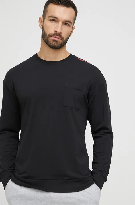 Tričko s dlhým rukávom HUGO pánske, čierna farba, jednofarebné