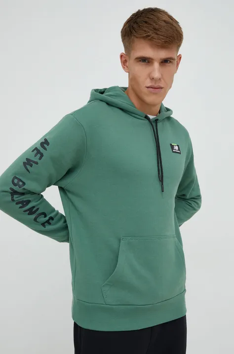 New Balance bluza bawełniana męska kolor zielony z kapturem gładka