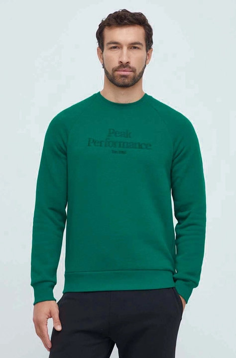 Peak Performance bluza barbati, culoarea verde, cu glugă, neted