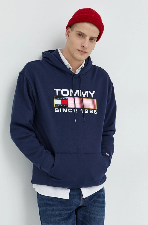 Bombažna mikica Tommy Jeans moška, mornarsko modra barva,