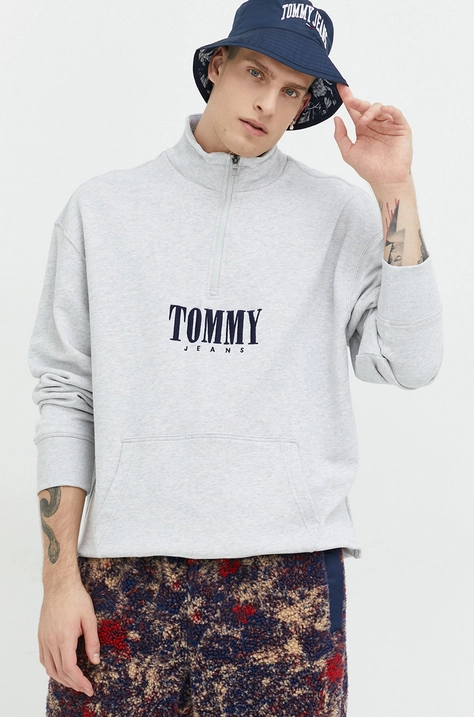 Bombažen pulover Tommy Jeans moška, siva barva,