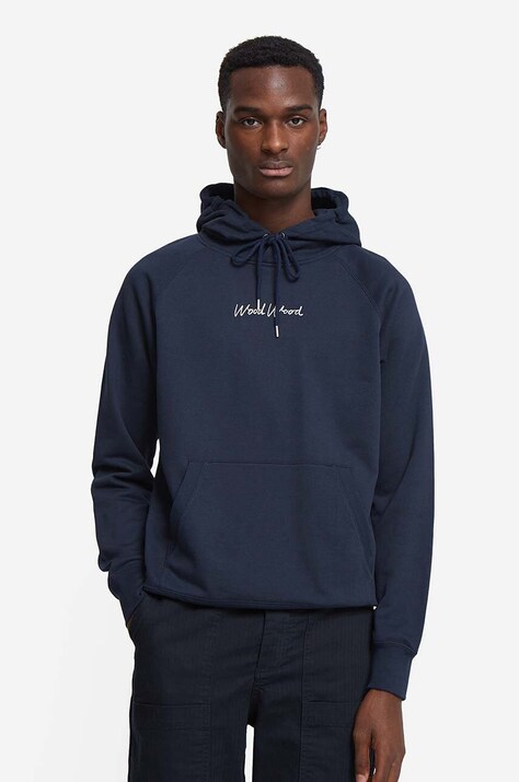 Bavlněná mikina Wood Wood Fred Hoodie 12045600-2474 pánská, tmavomodrá barva, s kapucí, potiskem