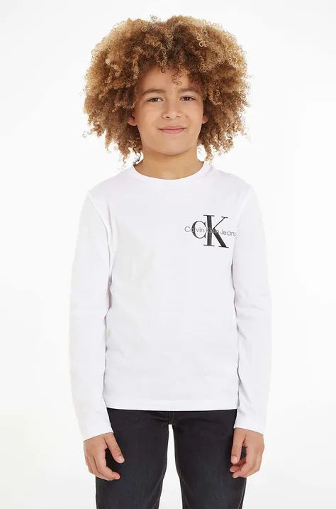 Дитячий бавовняний лонгслів Calvin Klein Jeans колір білий однотонний