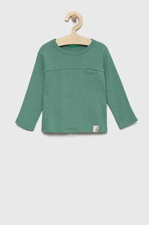 Dječja pamučna majica dugih rukava United Colors of Benetton boja: zelena, jednobojni model