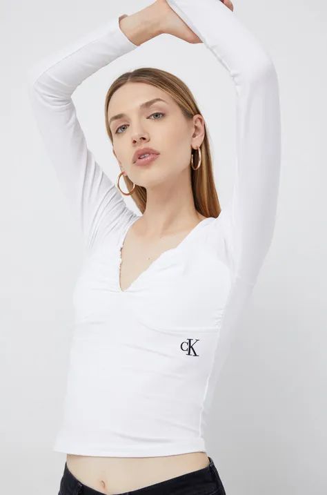 Tričko s dlhým rukávom Calvin Klein Jeans dámska, biela farba,