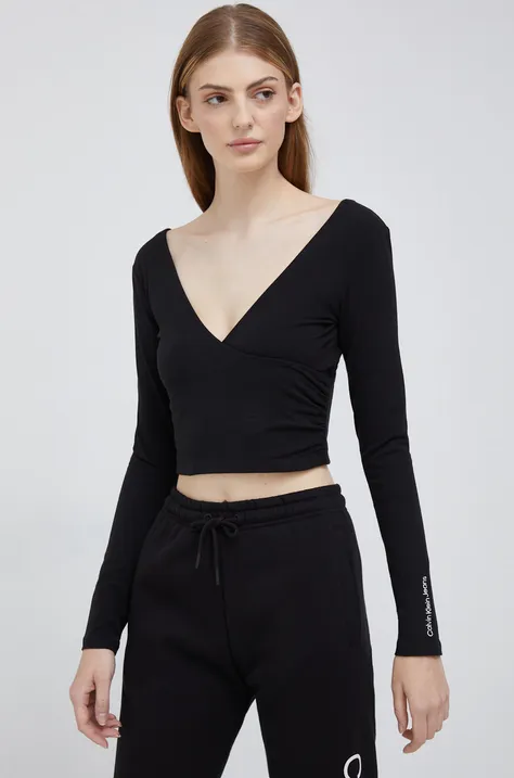 Majica z dolgimi rokavi Calvin Klein Jeans ženski, črna barva