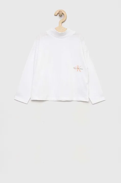 Otroška bombažna majica z dolgimi rokavi Calvin Klein Jeans bela barva