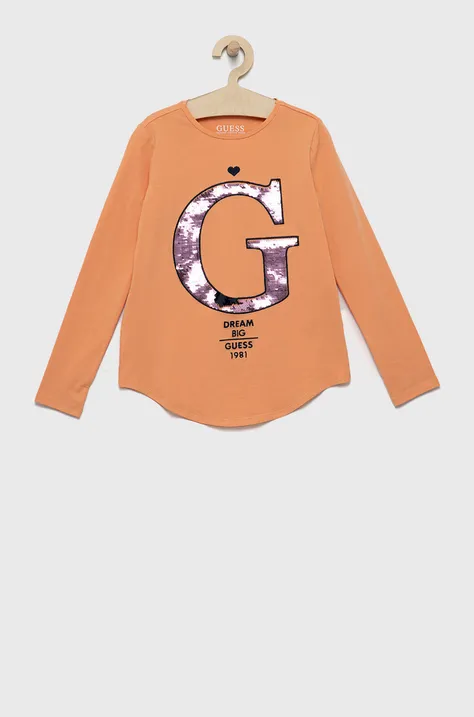 Dětské tričko s dlouhým rukávem Guess oranžová barva