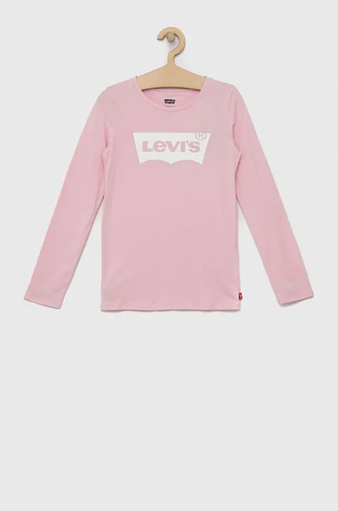 Otroška bombažna majica z dolgimi rokavi Levi's roza barva