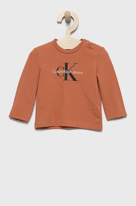 Calvin Klein Jeans longsleeve dziecięcy IN0IN00005.9BYY kolor brązowy z nadrukiem