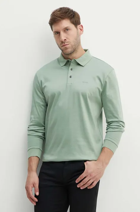 Bavlněné tričko s dlouhým rukávem BOSS zelená barva