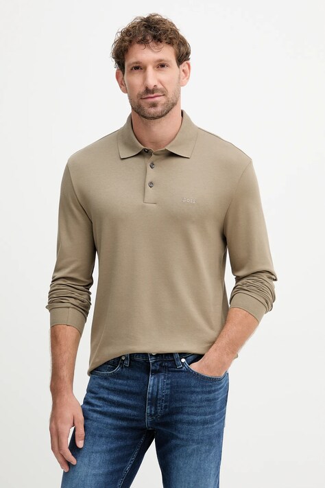 BOSS longsleeve bawełniany kolor brązowy gładki 50468392