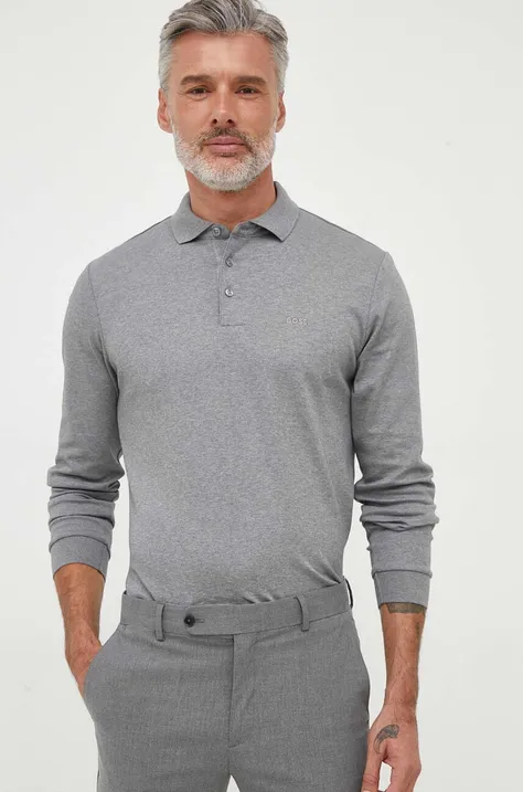 Bavlnené tričko s dlhým rukávom BOSS šedá farba, jednofarebný